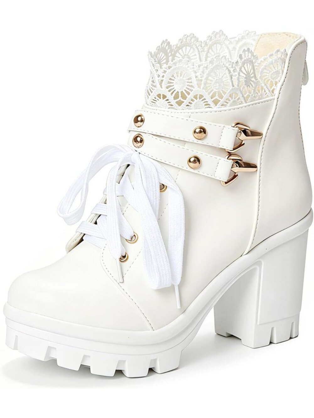 Women's Goth White Buckles Rivet Goth Block Heel Round Toe Zipper Ankle Boots
